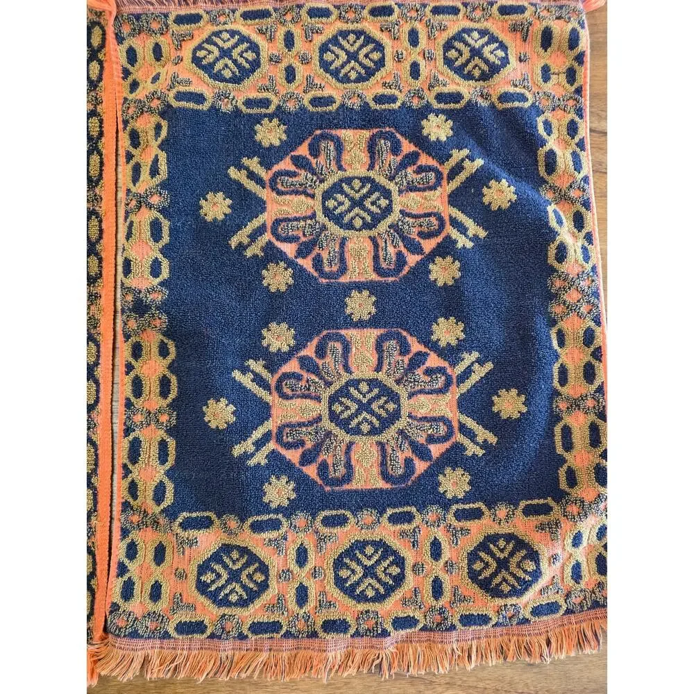 VTG MCM Fringed Jacquard Geometric Orange Avocado 70s Cotton Terry Hand Towels